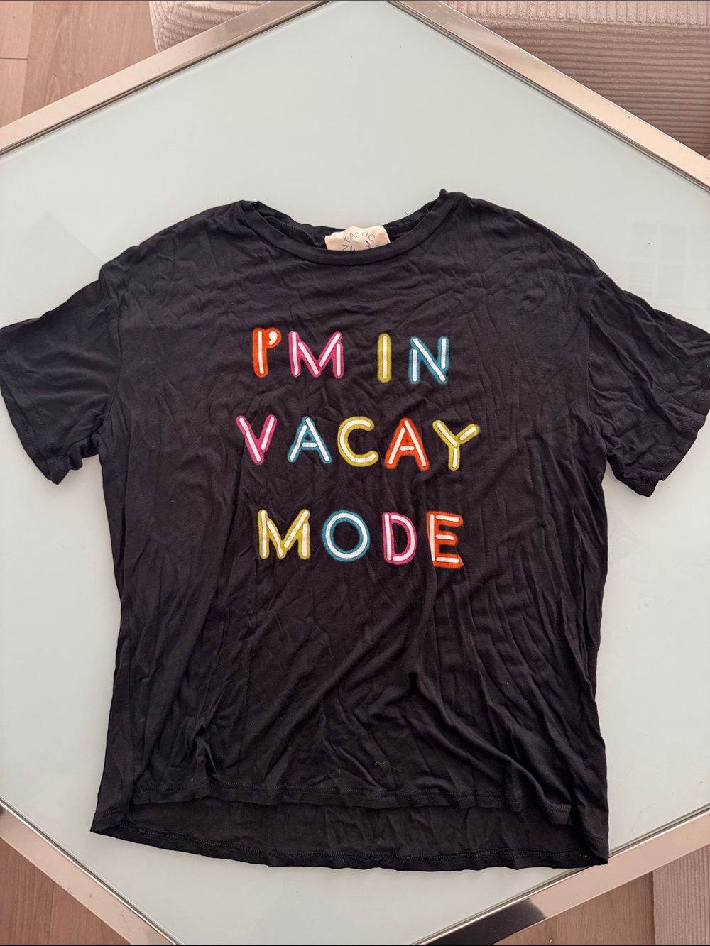 Black Tee with Colorful "I'M IN VACAY MODE" Lettering